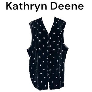 Kathryn Deene Vintage Black Silk Velvet Rhinestone Flowers Vest Plus Size 26/28